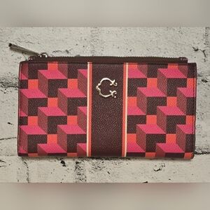 C Wonder Geometric Zip Around Wallet Pink Brown Clutch Organizer